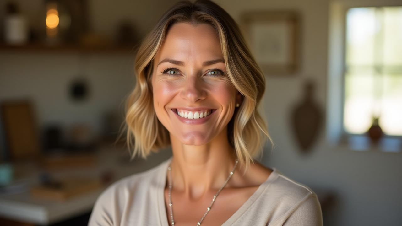 Constance M Weeks, an artisan silversmith, smiling softly in her sunlit St. Petersburg, Florida studio.