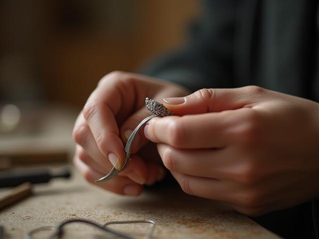 Close-up of artisan's hands working on a silver ring at a jeweler's bench, with tools and natural light.