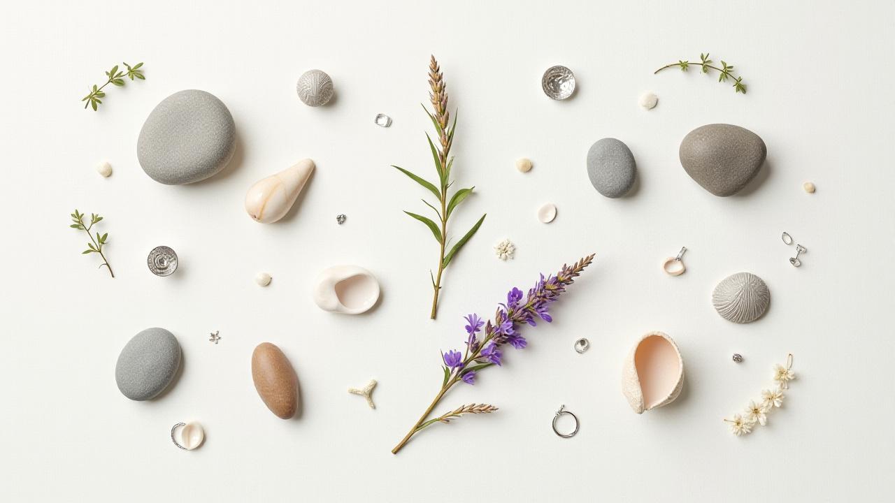 Detail shot of natural elements like sea shells, smooth stones, and silver wire on a wooden table, suggesting design inspiration.