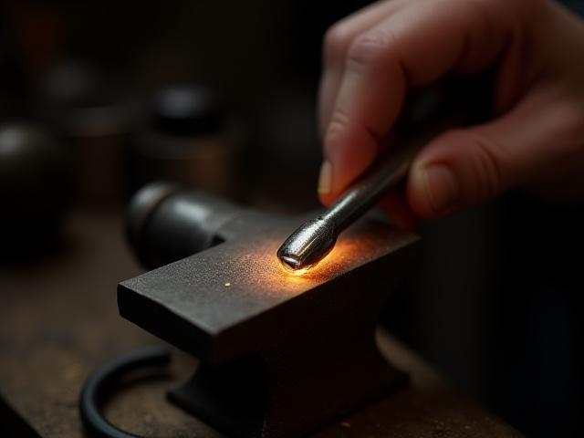 Artisan using a hammer and anvil to forge sterling silver into a desired shape
