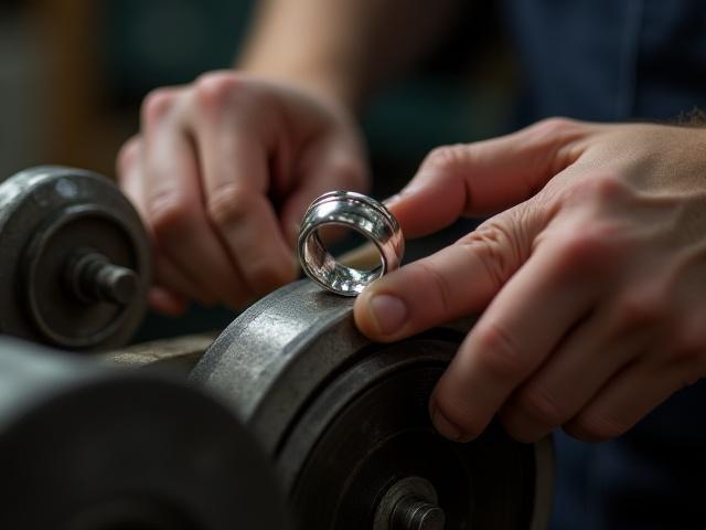Hand polishing a finished silver ring on a polishing wheel