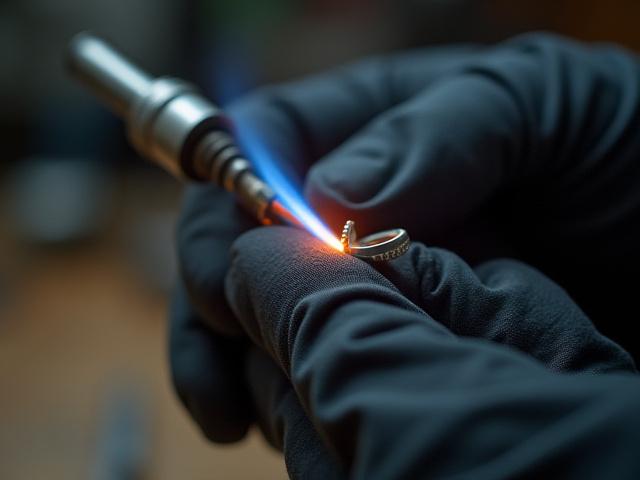 Close up of a silversmith using a torch to solder two pieces of sterling silver together