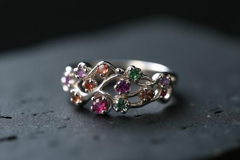 Intricate custom ring featuring multiple birthstones in a unique arrangement