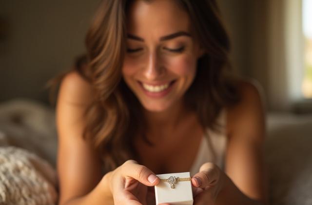 Woman happily opening a small gift box containing birthstone jewelry