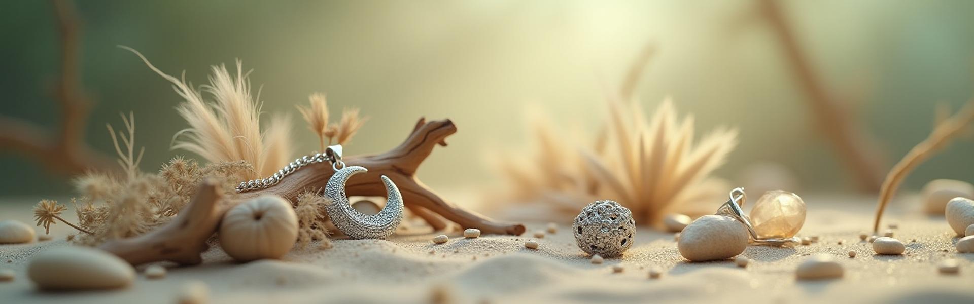 Artistic abstract image featuring bohemian silver jewelry on natural elements like dried flowers and crystals