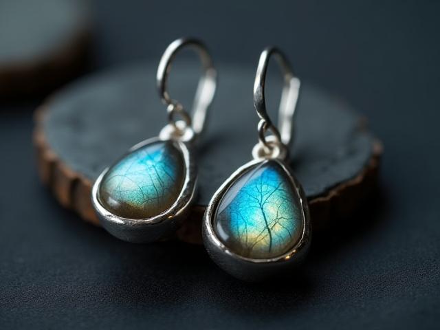 Dangling sterling silver earrings with iridescent labradorite gemstones, organic texture