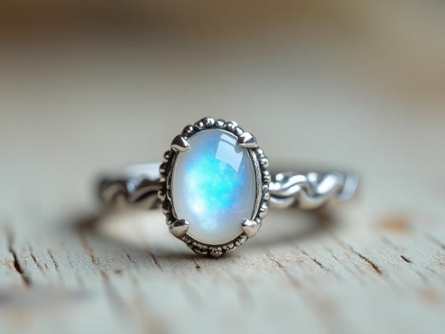 Custom sterling silver engagement ring featuring a luminous oval moonstone with subtle blue flash, set on a rustic wooden surface.