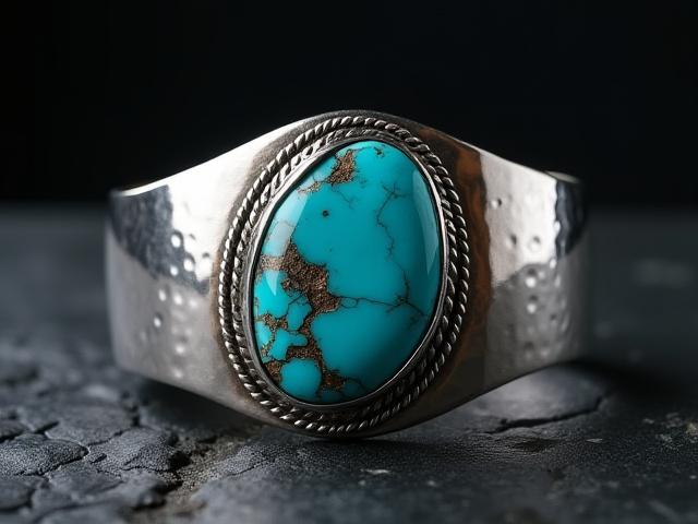 Bold sterling silver cuff bracelet with an organic, raw turquoise stone centerpiece, set against a dark, textured background.