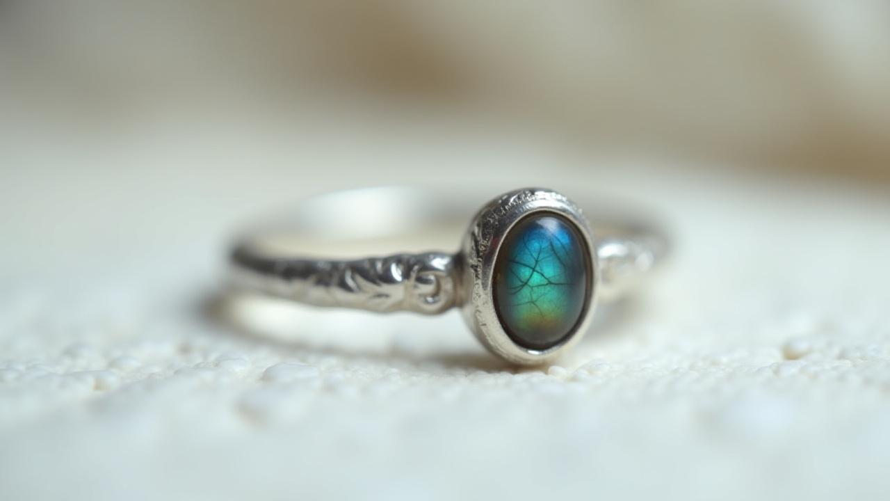 Close-up of a unique custom-made silver ring featuring a vibrant oval gemstone, resting on a textured linen surface.