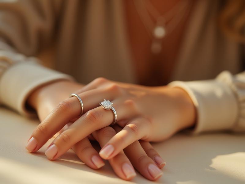 Model's hand with delicate silver rings and a soft focus on a layered necklace visible in the background.