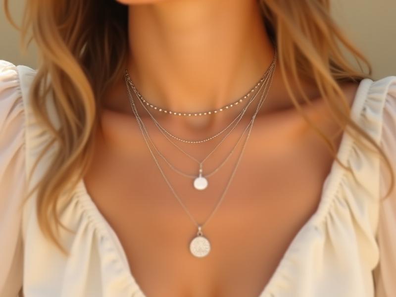 Elegant model wearing three delicate sterling silver layering necklaces against a soft, natural background.