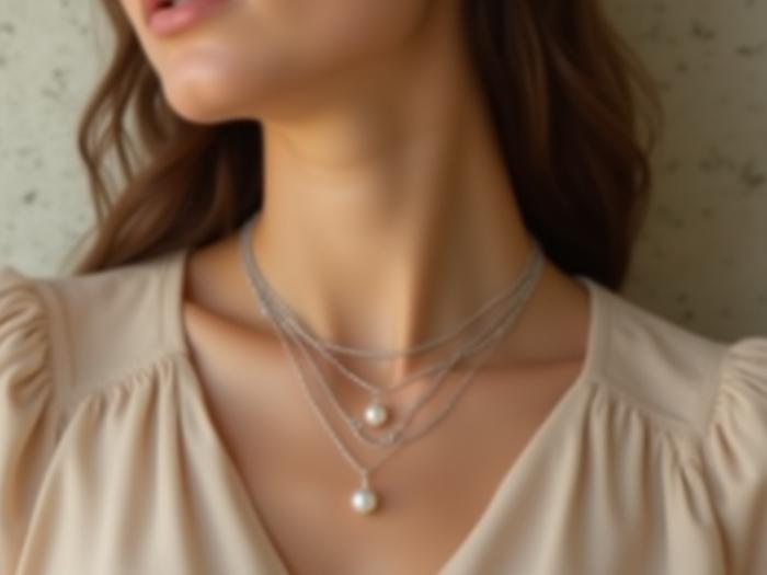 Model wearing three everyday layering necklaces of varying lengths.