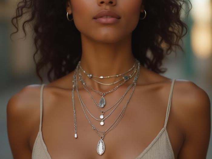 Model wearing four or more intricate layering necklaces, creating a statement cascade.