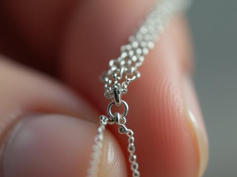 Macro shot of a tiny, secure sterling silver necklace clasp with an artisan's thumb in the background.