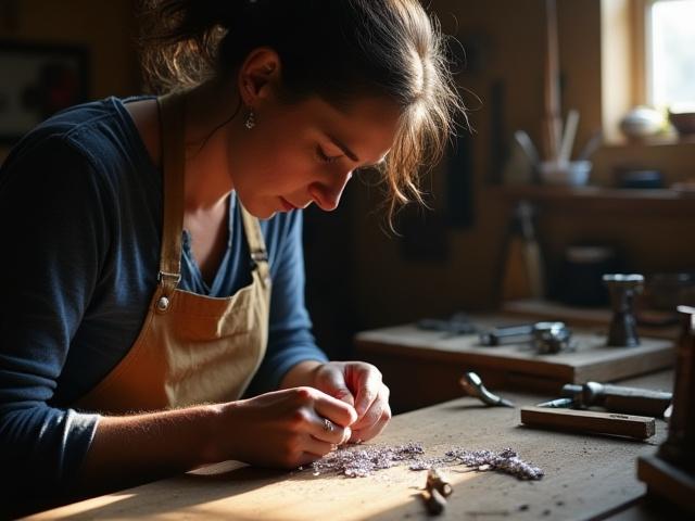 Constance M. Weeks focused at her silversmithing workbench, delicately shaping a silver piece.