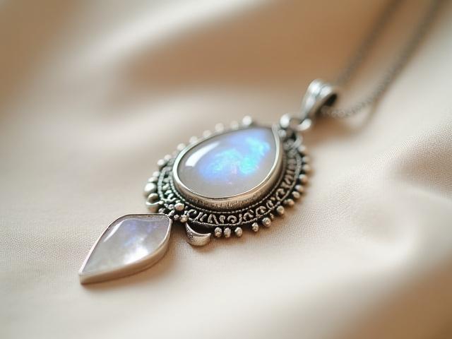 Bohemian style silver pendant necklace with a natural gemstone, laid on linen.