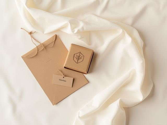 Elegant, eco-friendly CONSTANCE M WEEKS jewelry packaging laid out: a branded recycled cardboard box, natural twine, and a small handwritten tag on a smooth, light texture.
