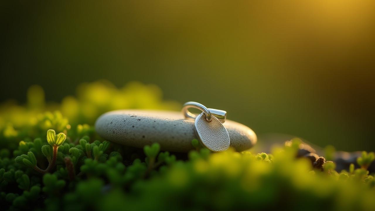 A delicate silver pendant resting on vibrant green moss, with dappled sunlight, symbolizing natural connection and sustainability.