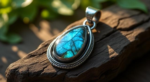 Unique, nature-inspired silver pendant with a raw, earthy gemstone, displayed on a textured stone surface.