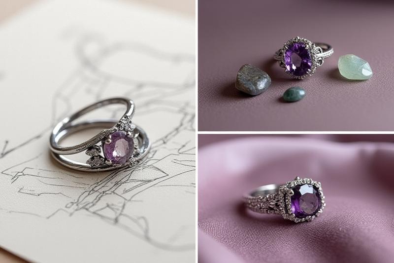 A collage image showing a sketch of a ring design, various uncut raw gemstones, and a beautifully finished custom silver ring against a textured backdrop.