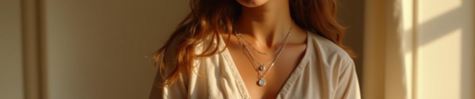 A stylish person wearing bohemian-inspired clothing, with dainty layering necklaces and minimalist rings coordinating elegantly.
